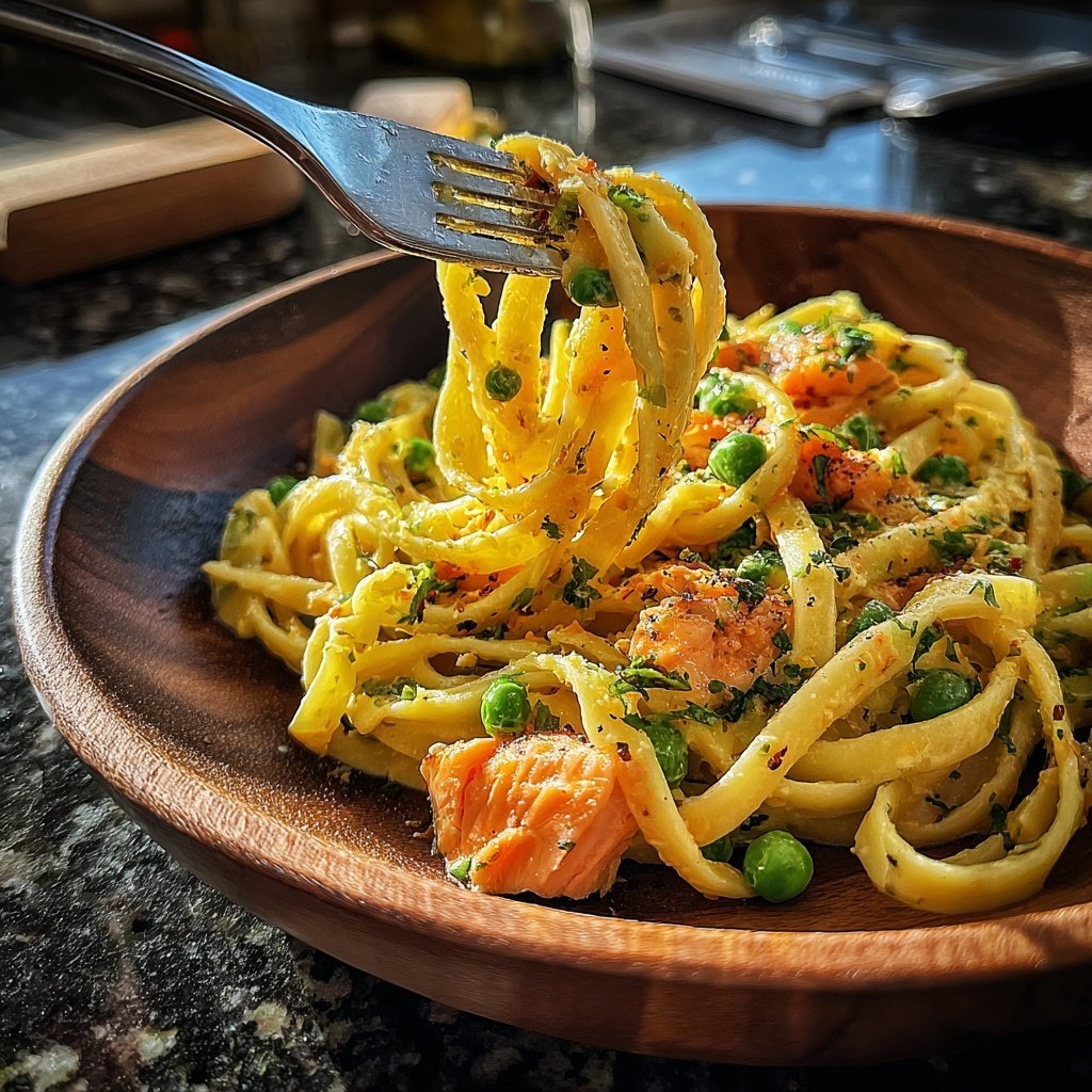 Saffron Salmon Pasta with Peas