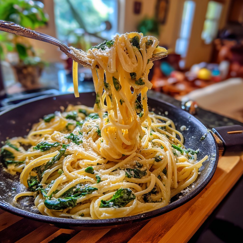 One Pot Creamy Garlic Spinach Pasta